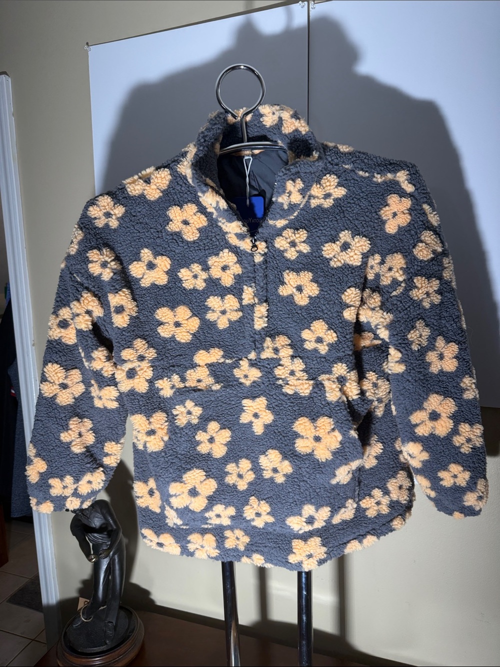Kids or women Floral Sherpa Pullover Hoodie in Gray and Yellow